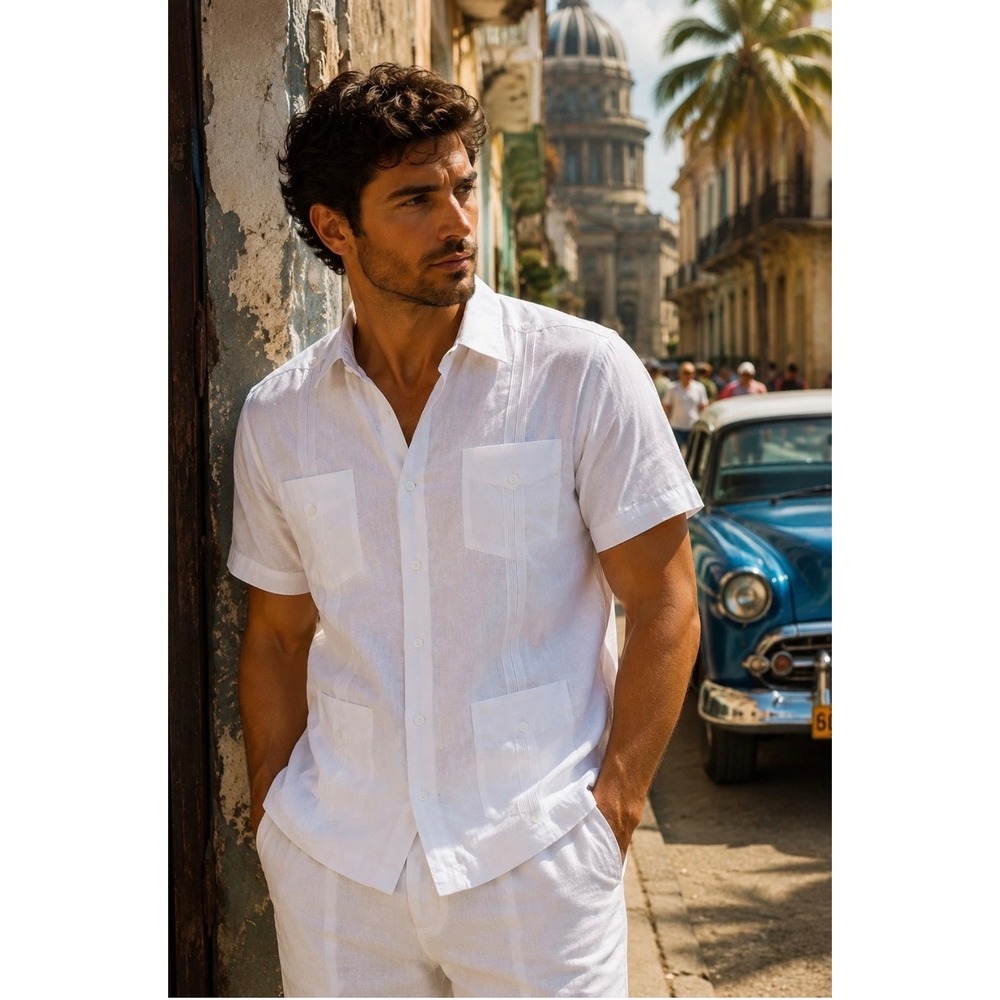 Adolfo 100% Linen Guayabera Button Down Shirt Mens M White Boho Mediterranean